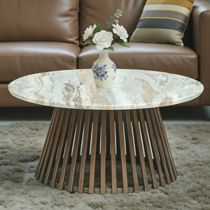 High Quality Decorative <b>Round</b> Shape Natural Marble <b>Top</b> With Slatted Wooden Base In Brown Finish Luxury Home Decor Coffee <b>Table</b> - Product Image 1