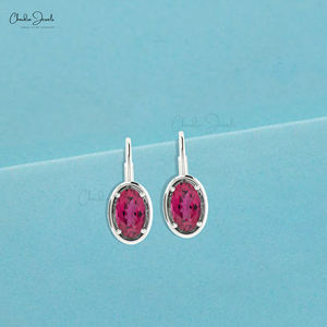 Productos de Moda: Pendientes de Botón con Turmalina Rosa de 7x5mm y Cierre de Palanca, en Oro Blanco Fino de 14k, para Boda, Distribuidor Mayorista - Product Image 3