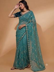Sari en Georgette Rose Étoilé avec Broderie Dorée et Blouse Violette – Tenue de Mariage Traditionnelle Indienne et Pakistanaise pour Femme, Recyclé - Product Image 5
