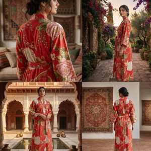 Robe Kimono en Coton Rouge à Motifs Floraux - Peignoir Long Imprimé à la Main - Vêtement de Nuit Bohème à Col en V - Kaftan Longue Épaisseur - Product Image 6