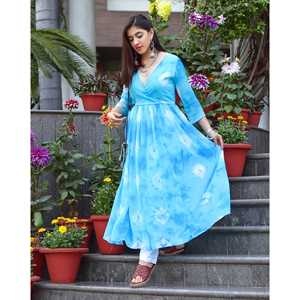 Conjunto de Kurta con Estampado Tie-Dye en Tono Azul, Talla XS, Tela Chifón - Product Image 4