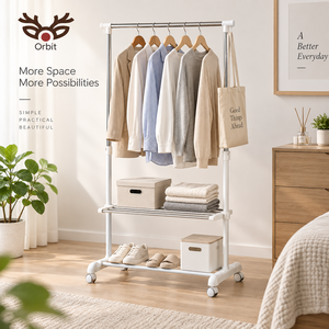 Porte-manteau sur pied Orbit moderne avec 2 étagères et roulettes pour chambre et salon – Design gain de place - Product Image 1
