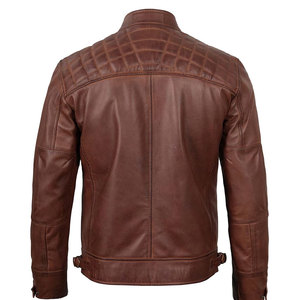 Veste moto en cuir véritable marron pour homme, col montant, fermeture éclair, coupe ajustée, longueur standard, pour l'automne - Product Image 2
