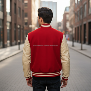 Chaqueta Varsity de Lana con Parches Personalizados, Estilo Letterman, Mangas de Cuero Beige Cálido, Cuello Alto, Bordado, Chaqueta Deportiva - Product Image 6