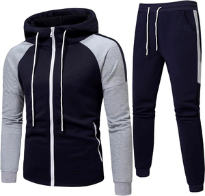 Men's Gray Full Zip Hooded <b>Tracksuit</b> Set Color Blocking Long Sleeve Casual Sportswear with Side Pockets Autumn Wear - Product Image 2
