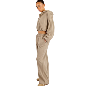 Womens Cropped Full <b>Zip</b> Hooded Tracksuit Set Wide Leg <b>Trousers</b> Elastic Waist Gathered Hem Two Piece Lounge Travel Street Outfits - Product Image 5