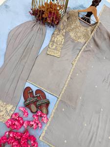 Nouvelle tenue Salwar en soie Chinon pour femme, broderie de 3 mm, travail de codage-Dori, dentelle fantaisie, longueur au sol - Product Image 6