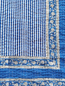 Handmade Blue Striped Cotton <b>Quilted</b> <b>Throw</b> With Floral Border Traditional Indian Home Decor All-Season Use - Product Image 4