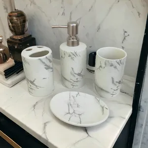 Juego de Baño de Gres con Patrón de Mármol Blanco Más Vendido, Dispensador de Jabón y Juego de Almacenamiento para Lavado, Asequible a Bajo Precio - Product Image 2