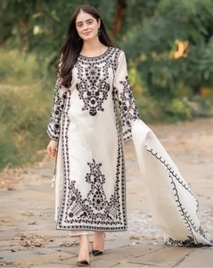 Conjunto de Salwar Kameez de Georgette Bordado, Largo hasta el Suelo, para Otoño, con Estampado Floral Blanco, Tradicional Indio-Pakistaní, para Mujer - Product Image 3