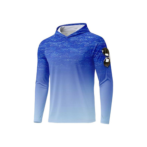 Men's Blue Gradient Long Sleeve Hooded UPF 50 Sun Protection Fishing Shirt with Sunglasses Pocket - Product Image 1