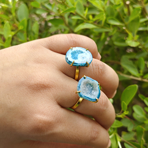 Natural Blue Agate Druzy Gemstone <b>Adjustable</b> <b>Rings</b> 18k Gold Plated Brass Trendy Unique Style Women Fashion Jewelry Gift Her - Product Image 6