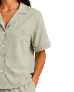 Sage <b>Green</b> Women Pajama Set Short Sleeve Cotton Poplin Loungewear Embroidered Summer Sleepwear Button Up Shorts Set Comfortable - Product Image 4