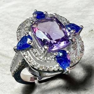 Natural Amethyst And Blue Sapphire Gemstones With Single Cut Diamond 925 Sterling <b>Silver</b> <b>Ring</b> - Product Image 3