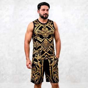 Conjunto de camiseta sin mangas y pantalones cortos con estampado geométrico para hombre, cuello en V, de secado rápido, tejido de poliéster, estilo deportivo, para verano. - Product Image 5