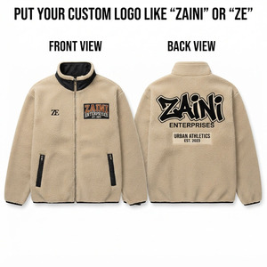 <b>Mens</b> Polar <b>Fleece</b> <b>Jacket</b> 300 GSM Premium <b>Sherpa</b> <b>Fleece</b> Beige Black Full Zip Stand Collar Custom Embroidered Logo Outdoor Wear - Product Image 1