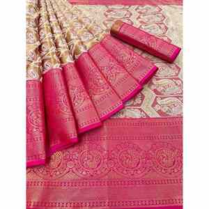 Sari de seda Kanjivaram de diseñador con trabajo de Zari dorado y blusa rosa sin costuras ropa india y pakistaní - Product Image 1