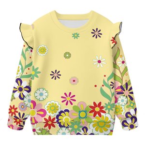 Blouse pull-over en maille doublée décontractée pour bébé fille, à manches longues, imprimé floral, respirante, écologique, avec manches évasées - Product Image 1