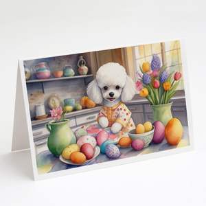 Whimsical Easter White Poodle Tarjetas de felicitación Paquete de 8 tarjetas de nota en blanco con sobres A7 Tamaño 5x7 para escritura decorativa - Product Image 1