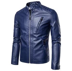 Chaqueta de moto para hombre de piel sintética, corte ajustado, cuello alto, cierre de cremallera, color liso, longitud regular, invierno, logotipo frontal, cortavientos - Product Image 2