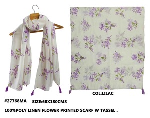 Traditional Ethnic Floral Poly Linen Scarf - Fringed Tassel <b>Shawl</b> & Breathable Daily Wear <b>Wrap</b> - Product Image 3