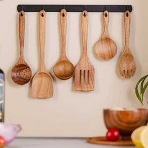 Juego de 5 utensilios de cocina artesanales de madera de teca, espátulas y cucharones de madera dura natural para sartenes antiadherentes - Product Image 5
