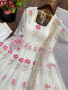 White Floral Embroidered Silk Anarkali Suit With Dupatta Floor-Length Traditional Wedding Gown For Women India Pakistan Style - Product Image 2