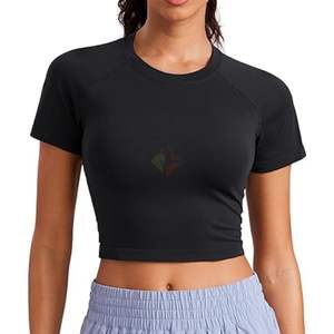 T-shirt de sport noir personnalisé pour femme, col rond, super extensible, pour la gym, le fitness, l'entraînement, vêtements de sport, coupe ajustée, séchage rapide, hauts de yoga - Product Image 1