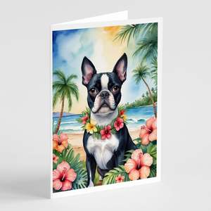 Cartes de vœux fantaisistes Boston Terrier Luau Lot de 8 cartes vierges A7 de taille 5x7 avec enveloppes - Product Image 1