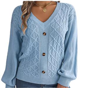 Suéter con Capucha para Mujer, Otoño/Invierno, Color Sólido, Cuello en V, Botones, Manga Farol Trenzada, 100% Acrílico, Logotipo Frontal - Product Image 1