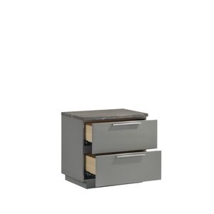 Mesa de Noche Elara de Dos Tonos con Acabado en Laca de Mármol de Alto Brillo, Cajones Forrados en Terciopelo Rojo y Patas con Acabado Metálico en Gris Sam - Product Image 5