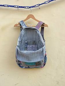 Sac à dos matelassé rayé pour filles, sac d'école en coton fait main, sac de voyage léger multi-poches, style bohème, 20 pouces - Product Image 2