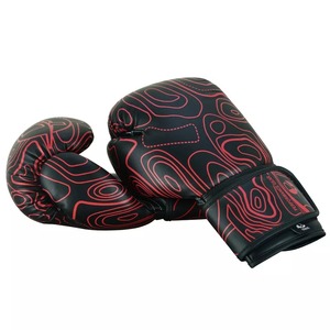 <b>Black</b> Red Pattern Faux Leather Boxing Gloves <b>Velcro</b> Closure Breathable Adult Training Gear - Product Image 1