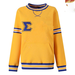เสื้อสเวตเชิ้ต Sigma Gamma Rho Chenille ลายตัวอักษรกรีกสำหรับผู้หญิง สีทอง-น้ำเงิน ลายทาง มีกระเป๋า คอกลม เสื้อพูลโอเวอร์สำหรับชมรมนักศึกษา - Product Image 1