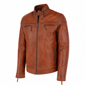 <b>Men</b> Custom PU Leather <b>Jacket</b> Brown Biker Style <b>Canvas</b> Stand Collar Plaid Pattern Quick Dry Breathable Autumn Zip up - Product Image 2