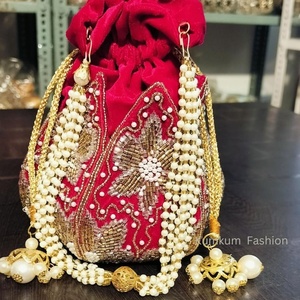 Wholesale Multicolor Lotus Designer Embroidery Drawstring Potli Evening Purse Lightweight Large Capacity Unisex Party Clutch - Product Image 4