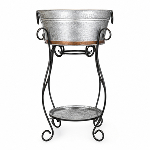 Hammered Stainless Steel Beverage Tub with Iron Stand Metal Ice Bucket <b>Drink</b> Chiller Vintage Standing Wine & Beer <b>Cooler</b> - Product Image 6