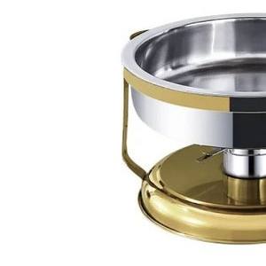 Plat à chafing classique rond en acier inoxydable doré avec couvercle relevable, crochet de suspension et brûleur à combustible pour la restauration et les banquets du Golfe - Product Image 5