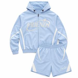 Friends <b>Light</b> <b>Blue</b> Hooded Tracksuit Set Full <b>Sleeve</b> Drawstring Closure Breathable Cotton Lightweight Solid Autumn Sporty Design - Product Image 4