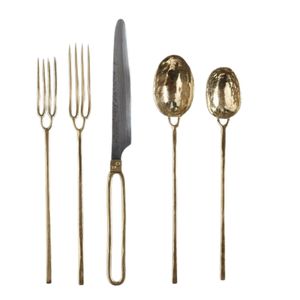 Ensemble de couverts de luxe en laiton fait main, ensemble de couverts modernes dorés, cuillère, fourchette, couteau martelés, vaisselle pour hôtel, restaurant, table. - Product Image 1