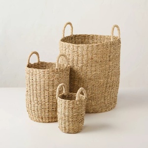 Luxury Quality Set of 3 Tall Natural Woven Seagrass <b>Storage</b> <b>Baskets</b> with Bin Handles for Home Laundry <b>Toy</b> Organizer - Product Image 2