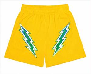 Shorts de basketball jaunes en toile pour hommes, broderie éclair verte, taille élastique avant, vêtements de sport décontractés, 100 % polyester, séchage rapide - Product Image 1