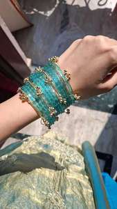 Traditional Blue <b>Glass</b> <b>Bangle</b> Set with Kashmiri Ghungroo Bridal Chura <b>Bangles</b> Gold Tone Charms Ethnic Jewelry for Wedding - Product Image 2