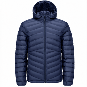 OEM Custom <b>Men's</b> Hooded Puffer <b>Jacket</b> Thick Waterproof Eco-Friendly <b>Quilted</b> Winter Full Zip Warm Outdoor Solid <b>Navy</b> Blue Casual - Product Image 1