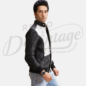 Veste de course en cuir véritable blanc et noir pour homme, design contrasté avec panneau en V, style moto, col montant, manteau haut de gamme - Product Image 4