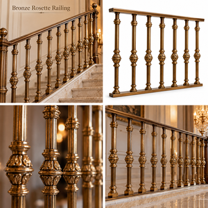 Rampe en bronze vintage avec balustres tournés à rosettes et détails de colonnes cannelées, main courante et balustrade en métal - Product Image 5