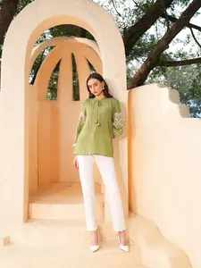 Blusa de Chifón con Bordado Verde de Diseño Lujoso, Estilo Camisa, Manga Larga, para Brunch, Compras y Salidas Diurnas, a Precio de Mayoreo - Product Image 5
