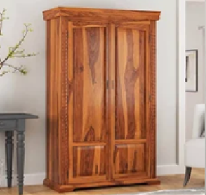 Minimalist dark wood grain finish four door <b>wardrobe</b> featuring secure key locks, available at wholesale prices. - Product Image 2