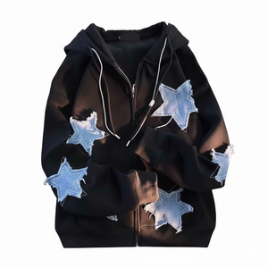 Sweat à capuche zippé surdimensionné personnalisé Y2K avec patch étoile, style streetwear vintage, en coton épais, coupe ample - Product Image 6