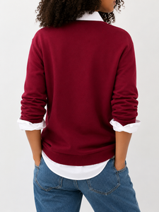 Suéter Casual de Punto Grueso para Mujer, Color Borgoña con Bloques de Color, Cuello Redondo, Manga Larga, Material de Nailon/Acrílico, para Otoño - Product Image 6